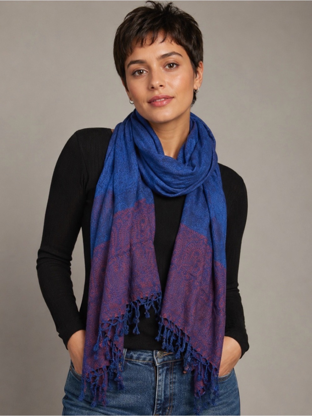 Blue & Red Paisley Fringe Scarf